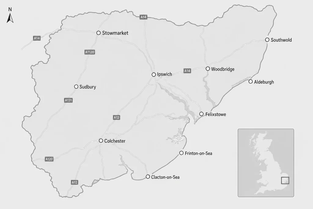 Areas with a 50 Miles of Felixstowe on Map